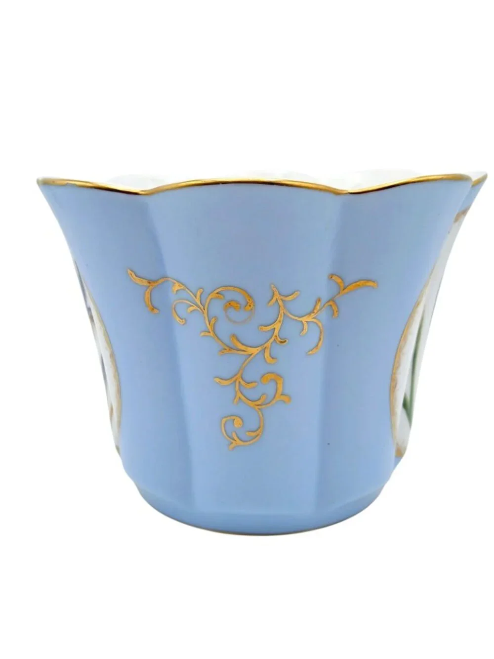 Vintage Blue Iris Cachepot Planter Scalloped Gold Trim Porcelain 5 in